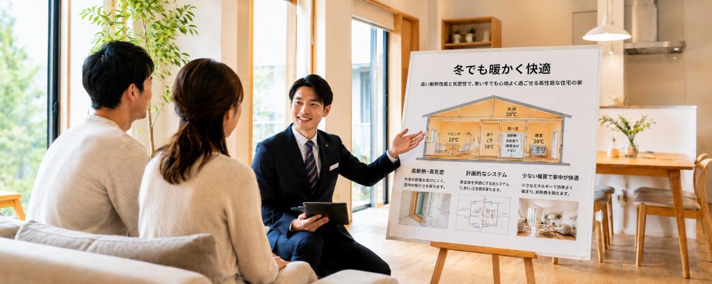 「冬でも少ない暖房で暖かく過ごしやすい家」の説明を受ける夫婦