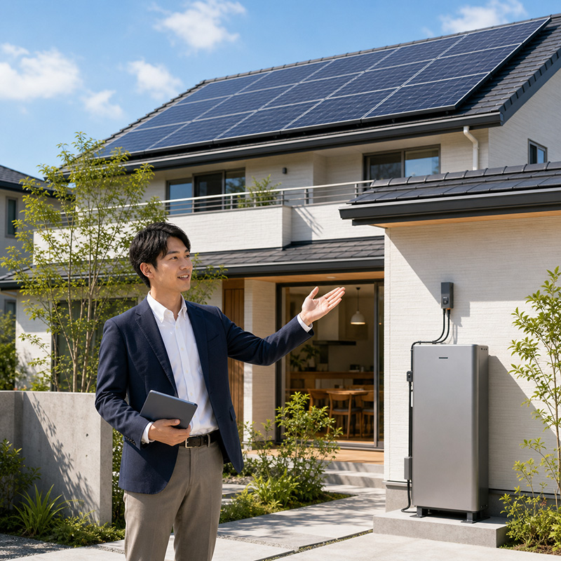 太陽光パネルや蓄電池の説明をする営業
