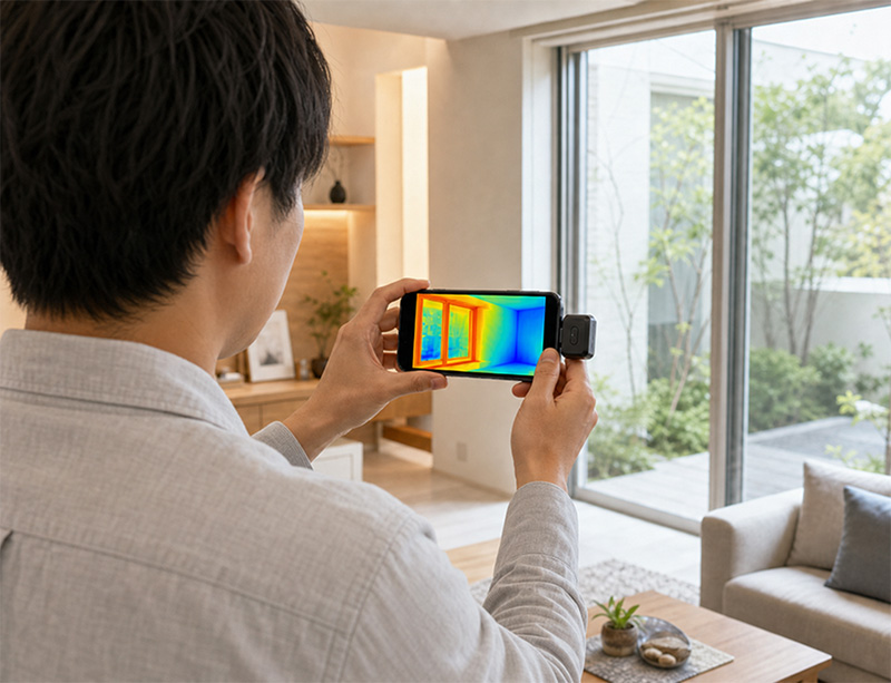 サーモカメラを試す来場者